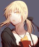  1girl artoria_pendragon_(all) bangs black_jacket black_ribbon blonde_hair collarbone eating fate_(series) food grey_background hair_ribbon highres holding holding_food jacket jewelry long_hair looking_at_viewer low_ponytail necklace off_shoulder open_clothes open_jacket ribbon saber_alter sidelocks simple_background solo upper_body wrapper xing_muhen yellow_eyes 