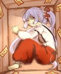  1girl ahoge bangs barefoot bound bound_ankles bound_wrists bow brown_eyes buttons cloth_gag eyebrows_visible_through_hair fujiwara_no_mokou full_body gag gagged grey_hair hair_bow improvised_gag long_hair long_sleeves looking_at_viewer lying miyo_(ranthath) ofuda on_side over_the_mouth_gag pants red_pants shirt solo suspenders tears touhou very_long_hair white_shirt 