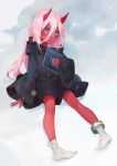  1girl anklet aqua_eyes arm_at_side bandage bandaged_feet book closed_mouth darling_in_the_franxx dywx_poison expressionless full_body hair_between_eyes head_tilt highres holding holding_book hood hood_down hooded_robe horns jewelry long_hair long_sleeves looking_at_viewer nail_polish oni pink_hair red_nails red_pupils red_skin robe sitting sleeves_past_wrists snowing solo spoilers very_long_hair wide_sleeves winter younger zero_two_(darling_in_the_franxx) 