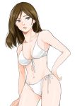  1girl absurdres bangs banira_(oocooocooocoo) bikini black_hair blue_eyes breasts cleavage commentary cowboy_shot crotch_seam eyebrows_visible_through_hair front-tie_bikini front-tie_top girls_und_panzer gluteal_fold hand_on_hip highres leaning_to_the_side long_hair looking_at_viewer medium_breasts navel nonna parted_lips side-tie_bikini simple_background solo standing swept_bangs swimsuit white_background white_bikini 