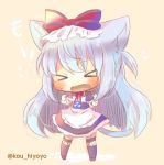  &gt;_&lt; 1girl animal_ears apron azur_lane bangs black_dress black_legwear blush bow brown_background brown_footwear cat_ears cat_girl cat_tail chibi clenched_hands closed_eyes dress eyebrows_visible_through_hair facing_viewer fang flying_sweatdrops full_body hair_between_eyes hair_bow hammann_(azur_lane) hands_up kemonomimi_mode kouu_hiyoyo long_hair one_side_up open_mouth puffy_short_sleeves puffy_sleeves red_bow short_sleeves silver_hair solo standing tail thigh-highs translated twitter_username very_long_hair wavy_mouth white_apron wrist_cuffs 