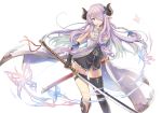  1girl asymmetrical_legwear black_gloves black_legwear blue_eyes contrapposto fingerless_gloves floating_hair gloves granblue_fantasy hair_ornament hair_over_one_eye holding holding_sword holding_weapon horns katana long_hair looking_at_viewer narmaya_(granblue_fantasy) parted_lips pointy_ears purple_hair sheath shiny shiny_skin simple_background sleeveless solo standing sword thigh-highs tobade_(tbdfactory) unsheathed very_long_hair weapon white_background 