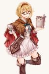  1girl :q blonde_hair book boots breasts brown_footwear djeeta_(granblue_fantasy) dress glasses granblue_fantasy green_ribbon hairband hand_on_ass highres holding holding_book looking_at_viewer medium_breasts neck_ribbon open_book red-framed_eyewear red_hairband ribbon semi-rimless_eyewear short_dress short_hair simple_background solo sparkle standing standing_on_one_leg thigh-highs thigh_boots tongue tongue_out under-rim_eyewear white_background white_dress yellow_eyes yuya_(night_lily) 