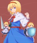  3girls alice_margatroid apron bangs blonde_hair blue_eyes book bow bowtie brown_background brown_footwear capelet closed_mouth eyebrows_visible_through_hair hair_bow hairband holding holding_book lance long_sleeves looking_at_viewer miyo_(ranthath) multiple_girls polearm red_bow red_eyes red_neckwear shanghai_doll shield short_hair simple_background smile touhou waist_apron weapon white_apron 