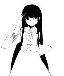  1girl arm_up bangs bow bowtie closed_mouth expressionless greyscale houraisan_kaguya long_hair looking_at_viewer miyo_(ranthath) monochrome sidelocks simple_background skirt solo touhou very_long_hair white_background wide_sleeves 