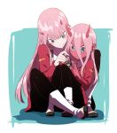  2girls aqua_eyes between_legs black_legwear blue_background boots character_doll darling_in_the_franxx dual_persona expressionless hair_between_eyes hiro_(darling_in_the_franxx) horns keychain long_hair long_sleeves looking_down lsw_(dltjddnja) multiple_girls pantyhose pink_hair red_sclera red_skin shadow simple_background sitting smile spoilers time_paradox uniform very_long_hair white_footwear younger zero_two_(darling_in_the_franxx) 