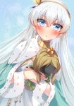  1girl anastasia_(fate/grand_order) bangs batten blue_eyes blush cape crossed_bangs crown doll dress dutch_angle eyebrows_visible_through_hair fate/grand_order fate_(series) hair_between_eyes hairband highres holding holding_doll jewelry long_hair looking_at_viewer mini_crown royal_robe silver_hair single_earring solo very_long_hair white_dress 