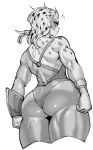  1girl bare_shoulders cheetara flying_sweatdrops from_behind highres long_hair looking_at_viewer looking_back mask monochrome o-ring pantyhose simple_background solo synecdoche thick_thighs thighs thundercats toned white_background 