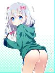  1girl akemaru ass black_panties blue_eyes blush bow closed_mouth commentary_request eromanga_sensei flying_sweatdrops from_behind green_jacket hair_bow highres izumi_sagiri jacket leaning_forward long_hair long_sleeves looking_at_viewer looking_back panties pink_bow polka_dot polka_dot_background silver_hair solo standing stylus underwear wavy_mouth 