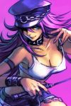  1girl armband bare_shoulders belt belt_collar blue_eyes breasts closed_mouth commentary_request erect_nipples final_fight fingernails hankuri hat holding large_breasts long_hair looking_at_viewer nail_polish peaked_cap poison_(final_fight) purple_background purple_nails riding_crop smile solo tank_top upper_body 