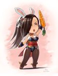  1girl alternate_costume animal_ears arm_up breasts brown_eyes bunnysuit carrot chibi cleavage fake_animal_ears fire_emblem fire_emblem_heroes fire_emblem_if gloves hair_over_one_eye kagerou_(fire_emblem_if) looking_up ochrejelly open_mouth pantyhose rabbit_ears serious simple_background solo thigh_gap 