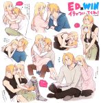  /\/\/\ 1boy 1girl ;d apron automail black_shirt blonde_hair blue_eyes blue_shirt blush book breasts carrying character_name closed_eyes couple earrings edward_elric eye_contact eyebrows_visible_through_hair face-to-face fingernails frown fullmetal_alchemist grey_shirt hanayama_(inunekokawaii) hands_on_another&#039;s_face hands_together happy heart hetero hug interlocked_fingers jewelry long_hair long_sleeves looking_at_another looking_back looking_up lying one_eye_closed open_mouth pants pink_shirt pink_sweater ponytail profile sandals shirt simple_background sitting sleeping sleeveless smile speech_bubble sweater tank_top thought_bubble translation_request underwear upper_body white_background white_shirt winry_rockbell yellow_eyes 