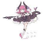  1girl :d armored_boots bangs black_dress blade_(galaxist) blue_eyes blush boots curled_horns detached_sleeves dragon_girl dragon_horns dragon_tail dress elizabeth_bathory_(fate) elizabeth_bathory_(fate)_(all) eyebrows_visible_through_hair fang fate/extra fate/extra_ccc fate_(series) full_body grey_footwear hair_between_eyes hair_ribbon holding horns knee_boots long_hair long_sleeves open_mouth pink_hair purple_ribbon ribbon smile solo standing standing_on_one_leg tail two_side_up 