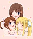  3girls :d ;d bangs bare_shoulders blue_eyes blush breasts brown_hair camisole closed_mouth collarbone eyebrows_visible_through_hair fate_testarossa flower hair_ornament hair_ribbon hoshino_kagari long_hair looking_at_another looking_down looking_up lyrical_nanoha mahou_shoujo_lyrical_nanoha medium_breasts multiple_girls one_eye_closed open_mouth parted_bangs pink_background pink_ribbon portrait ribbon short_hair short_twintails sidelocks simple_background smile spaghetti_strap takamachi_nanoha tareme twintails x_hair_ornament yagami_hayate 