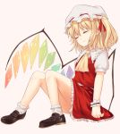  1girl ascot bare_legs blonde_hair brown_footwear closed_eyes closed_mouth flandre_scarlet full_body hair_ribbon hat knees_together_feet_apart loafers miyo_(ranthath) mob_cap puffy_short_sleeves puffy_sleeves red_ribbon red_skirt ribbon shoes short_sleeves side_ponytail simple_background sitting skirt skirt_set socks solo touhou white_hat white_legwear 