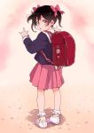  1424maimai 1girl \m/ backpack bag bangs black_hair bobby_socks bow commentary_request crime_prevention_buzzer double_\m/ from_behind full_body hair_bow long_sleeves looking_at_viewer looking_back love_live! love_live!_school_idol_project petals pink_bow pink_skirt pleated_skirt randoseru red_eyes school_uniform shoes skirt sneakers socks solo standing twintails white_footwear white_legwear yazawa_nico 
