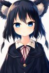  1girl animal_ears black_hair blue_eyes cape cat_ears choker commentary_request hair_tubes highres looking_at_viewer original satou_(3366_s) school_uniform short_hair simple_background solo white_background 