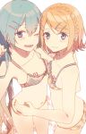 2girls :3 ;d absurdres aqua_eyes aqua_hair bare_arms bare_shoulders barrette blonde_hair blush bra breast_tattoo breasts collarbone earrings flat_chest frilled_bra frills hand_on_another&#039;s_waist hatsune_miku highres jam_(zamuchi) jewelry kagamine_rin lace lace-trimmed_bra lace-trimmed_panties lingerie long_hair looking_at_viewer midriff multiple_girls navel number one_eye_closed open_mouth panties short_braid short_hair small_breasts smile tattoo twintails underwear vocaloid 