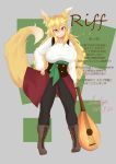  1girl absurdres animal_ears blonde_hair blush boots breasts character_sheet dated earrings fox_ears fox_girl fox_tail full_body highres huge_breasts instrument jewelry long_hair looking_at_viewer lute_(instrument) original red_eyes riff_(shiruhiya) shiruhiya signature smile solo standing tail translation_request 
