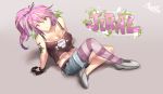  1girl arm_support artist_name artist_request breasts character_name cleavage fingerless_gloves gloves jibril_(no_game_no_life) large_breasts long_hair mismatched_legwear multicolored_hair navel no_game_no_life orange_eyes pink_hair ponytail shoes sitting sketch smile solo tattoo wing_ears 