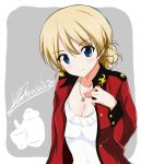  1girl absurdres artist_name bangs blonde_hair blue_eyes braid breasts cleavage closed_mouth commentary darjeeling epaulettes eyebrows_visible_through_hair frilled_swimsuit frills getsumen_suibaku_ver._a(c) girls_und_panzer grey_background highres jacket jewelry light_smile long_sleeves looking_at_viewer medium_breasts military military_uniform necklace open_clothes open_jacket outside_border red_jacket short_hair signature solo st._gloriana&#039;s_military_uniform swimsuit swimsuit_under_clothes tied_hair twin_braids uniform upper_body white_swimsuit 
