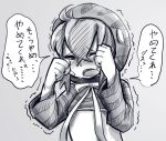  1girl clenched_hand commentary_request crying diz_(diznaoto) eyebrows_visible_through_hair greyscale hands_on_own_face hood kemono_friends long_sleeves monochrome neck_ribbon open_mouth ribbon short_hair solo tears translation_request trembling tsuchinoko_(kemono_friends) upper_body 