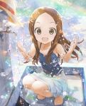  1girl barefoot blue_camisole brown_eyes brown_hair camisole faucet feet forehead hands_up hat highres karakai_jouzu_no_takagi-san long_hair looking_at_viewer open_mouth skirt sleeveless smile splashing squatting straw_hat takagi-san toes water water_drop white_skirt yamamoto_souichirou 