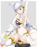  1girl animal_ears arm_up armpits asymmetrical_legwear backless_outfit black_legwear blue_eyes breasts cleavage dress elbow_gloves eyebrows_visible_through_hair fingerless_gloves gloves granblue_fantasy highres korwa long_hair medium_breasts one_eye_closed open-back_dress open_mouth ranju_aira short_dress sideboob silver_hair sitting sleeveless sleeveless_dress solo very_long_hair white_dress white_gloves white_legwear 