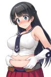 1girl agano_(kancolle) agano_(kancolle)_(cosplay) anchor_symbol belly belly_grab belt black_hair black_necktie blue_eyes blush braid breasts closed_mouth commentary cosplay covered_nipples cowboy_shot cropped_shirt embarrassed french_braid frown furrowed_brow gloves hair_ornament hairclip highres hormone_koijirou kantai_collection large_breasts long_hair looking_down midriff navel necktie nijisanji pleated_skirt plump red_skirt sailor_collar shirt simple_background skirt sleeveless sleeveless_shirt solo straight_hair sweat sweatdrop taut_clothes taut_shirt tsukino_mito virtual_youtuber wavy_mouth weight_conscious white_background white_gloves white_shirt