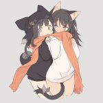  2girls :o animal_ears animal_hat bangs between_legs black_hair black_hat black_shirt blade_(galaxist) blush brown_eyes cat_ears cat_girl cat_hat cat_tail cropped_legs dark_skin dog_ears dog_girl dog_tail eyebrows_visible_through_hair fingernails fringe grey_background grey_ribbon hair_between_eyes hat long_hair long_sleeves looking_at_viewer multiple_girls no_pants orange_scarf parted_lips pop-up_story renge_miyamoto ribbon scarf shared_scarf shirt simple_background sleeves_past_wrists suzuna_isurugi tail tail_between_legs tail_ribbon violet_eyes white_shirt 