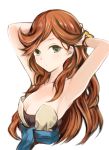  1girl armpits arms_up bracelet breasts brown_hair cleavage collarbone cropped_torso granblue_fantasy green_eyes jewelry long_hair looking_at_viewer medium_breasts nannacy7 sara_(granblue_fantasy) sideboob simple_background solo strapless tying_hair very_long_hair white_background 