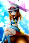  1girl :3 aqua_legwear black_wristband blastoise blue_(pokemon) blue_eyes blue_shirt blue_sky breasts brown_hair closed_mouth clouds cloudy_sky commentary_request day ditto feet_out_of_frame gen_1_pokemon hat holding holding_umbrella leg_warmers legs long_hair looking_at_viewer miniskirt outdoors pokemon pokemon_special red_skirt shell shirt sitting skirt sky sleeveless sleeveless_shirt small_breasts smile solo_focus transformed_ditto umbrella white_hat wristband yuinya_(chicken5536) 