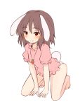  1girl animal_ears bangs barefoot blush brown_hair bunny_tail carrot_necklace closed_mouth eyebrows_visible_through_hair floppy_ears full_body inaba_tewi kneeling miyo_(ranthath) no_pants panties puffy_short_sleeves puffy_sleeves rabbit_ears red_eyes short_sleeves simple_background solo tail touhou underwear white_background white_panties 