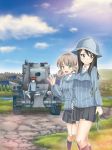  3girls aki_(girls_und_panzer) black_eyes black_hair brown_eyes brown_hair bt-42 clouds emblem girls_und_panzer girls_und_panzer_phase_erika grass green_eyes ground_vehicle hat highres hill keizoku_(emblem) keizoku_military_uniform light_brown_hair mika_(girls_und_panzer) mikko_(girls_und_panzer) military military_vehicle millipen_(medium) motor_vehicle multiple_girls saitaniya_ryouichi short_twintails sky tank traditional_media tree twintails 