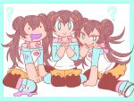  3girls ? aqua_border black_legwear breasts brown_hair closed_mouth collarbone creature disguised_zoroark ditto double_bun evil_smile eyeshadow full_body gen_1_pokemon gen_5_pokemon hands_clasped long_hair looking_at_viewer makeup mei_(pokemon) multiple_girls open_mouth own_hands_together pantyhose pokemon pokemon_(creature) pokemon_(game) pokemon_bw2 scared seiza simple_background sitting sizma small_breasts smile sweatdrop tied_hair transformed_ditto twintails white_background zoroark 