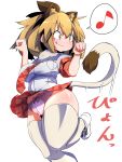  1girl :q animal_ears bare_arms blonde_hair blush bow bow_panties breast_pocket breasts cowboy_shot curvy eighth_note extra_ears eyebrows_visible_through_hair fur_collar hair_between_eyes hands_up highres kemono_friends large_breasts licking_lips lion_(kemono_friends) lion_ears lion_tail looking_afar medium_hair motion_lines moyachii musical_note necktie orange_eyes panties paw_pose pink_panties plaid plaid_neckwear plaid_skirt plaid_sleeves pocket shirt short_sleeves simple_background skirt smile solo spoken_musical_note standing standing_on_one_leg tail thick_thighs thigh-highs tongue tongue_out underwear white_background white_shirt wide_hips 