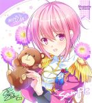  1girl character_name epaulettes flower flower_knight_girl looking_at_viewer object_namesake pink_eyes pink_hair rhodanthe_(flower) rhodanthe_(flower_knight_girl) sample satou_satoru short_hair signature smile solo stuffed_animal stuffed_toy teddy_bear uniform upper_body 