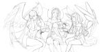  3girls aa_megami-sama ahoge antenna_hair belldandy breasts center_opening elbow_gloves facial_mark forehead_mark gloves greyscale gtunver large_breasts long_hair looking_at_viewer medium_breasts monochrome multiple_girls siblings sisters skuld small_breasts urd wings work_in_progress 