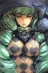  1girl breasts closed_mouth commentary_request drill_hair fiore_brunelli fur_trim gloves green_hair green_lipstick grey_gloves hair_ornament hand_on_headwear hand_up hankuri hat large_breasts lipstick looking_at_viewer makeup revealing_clothes solo star_ocean star_ocean_integrity_and_faithlessness upper_body yellow_eyes 
