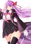  1girl bangs bb_(fate/extra_ccc) black_coat black_footwear black_skirt boots bow breasts coat fate/extra fate/extra_ccc fate/grand_order fate_(series) gloves hair_bow hair_ornament hair_ribbon holding large_breasts long_hair long_sleeves neck_ribbon purple_hair red_bow red_ribbon ribbon shiny shiny_skin shirt simple_background skirt solo thigh-highs thigh_boots vebonbon very_long_hair violet_eyes white_background white_gloves white_shirt zettai_ryouiki 