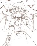  1girl ascot bangs bat bat_wings bow closed_mouth eyebrows_visible_through_hair greyscale hair_between_eyes hand_up hat hat_bow looking_at_viewer miyo_(ranthath) mob_cap monochrome remilia_scarlet short_hair short_sleeves simple_background skirt solo touhou white_background wings 