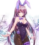  1girl animal_ears bare_shoulders black_legwear bow bowtie breasts bunny_girl bunny_tail bunnysuit cleavage commentary_request covered_navel detached_collar fake_animal_ears fate_(series) fishnet_pantyhose fishnets highres large_breasts leotard long_hair pantyhose purple_hair rabbit_ears red_eyes scathach_(fate/grand_order) strapless strapless_leotard tail twiska_(doubitian) 