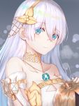  1girl anastasia_(fate/grand_order) bangs bare_shoulders blue_eyes blush cape closed_mouth commentary_request doll dress eyebrows_visible_through_hair eyes_visible_through_hair fate/grand_order fate_(series) hair_between_eyes hair_over_one_eye hairband highres holding jewelry long_hair looking_at_viewer necklace reuri_(tjux4555) ribbon royal_robe silver_hair solo upper_body 
