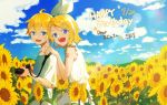 1boy 1girl :d anniversary arm_tattoo bare_arms bare_shoulders birthday blonde_hair blue_eyes blue_sky bow brother_and_sister camera clouds dress fangs frilled_dress frills hair_bow hair_ornament hairclip happy highres hill jam_(zamuchi) kagamine_len kagamine_rin nail_polish number_tattoo open_mouth shirt short_hair siblings sky sleeveless sleeveless_dress smile strap sun_beam sun_flare sundress t-shirt tareme tattoo teeth tsurime twins vocaloid white_dress yellow_nails 