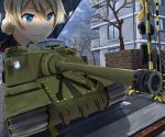 1girl angleich blonde_hair blue_eyes building clouds cup darjeeling emblem girls_und_panzer ground_vehicle military military_vehicle motor_vehicle railroad_crossing sky st._gloriana&#039;s_(emblem) st._gloriana&#039;s_military_uniform tank teacup tortoise_(tank) 
