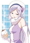  1girl :q aila_jyrkiainen blue_eyes breasts elbow_gloves eyebrows_visible_through_hair food gloves gundam gundam_build_fighters hat head_tilt highres holding holding_food long_hair looking_at_viewer medium_breasts ningen_plamo scarf silver_hair sleeveless smile solo steam tongue tongue_out upper_body very_long_hair white_background white_gloves white_hat 