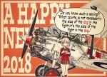  2018 2girls adapted_uniform aircraft airplane bangs biplane black_footwear black_neckwear black_skirt blonde_hair blue_eyes boots braid bristol_bulldog catchphrase chinese_zodiac closed_mouth commentary_request cup darjeeling dress_shirt emblem english epaulettes eyebrows_visible_through_hair girls_und_panzer goggles goggles_on_head happy_new_year holding jacket knee_boots long_sleeves looking_at_viewer military military_uniform military_vehicle miniskirt multiple_girls necktie nengajou new_year open_mouth partial_commentary pleated_skirt red_jacket redhead riding rosehip roundel saucer shinaba_morotomo shirt short_hair skirt smile st._gloriana&#039;s_(emblem) st._gloriana&#039;s_military_uniform standing teacup tied_hair twin_braids uniform white_shirt wing_collar year_of_the_dog 