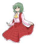  1girl ascot bangs closed_mouth collared_shirt eyebrows_visible_through_hair green_hair hair_between_eyes holding kazami_yuuka long_sleeves looking_at_viewer miyo_(ranthath) red_eyes red_skirt shirt short_hair simple_background skirt skirt_hold solo touhou white_background white_shirt 