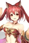  1girl :d animal_ears breasts cerberus_(shingeki_no_bahamut) cleavage collarbone detached_sleeves floating_hair gloves long_hair luse_maonang medium_breasts midriff navel open_mouth redhead shingeki_no_bahamut simple_background smile solo stomach twintails upper_body very_long_hair white_background 