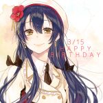  1girl bangs birthday black_neckwear blue_hair commentary_request dated earrings eyebrows_visible_through_hair flower hair_between_eyes happy_birthday hat highres jewelry long_hair looking_at_viewer love_live! love_live!_school_idol_festival love_live!_school_idol_project portrait smile solo sonoda_umi sore_wa_bokutachi_no_kiseki sudach_koppe yellow_eyes 